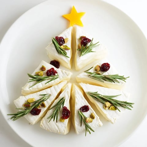 Vibrant Simple Brie Triangle Cheese Tree display, garnished with rosemary and cranberries, ready to serve.