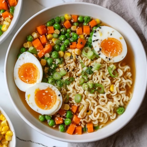 Steaming bowl of Ramen Upgrade with Frozen Peas, garnished with green onions and a soft egg.