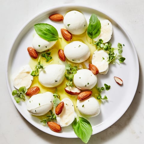 The Polished Pebble appetizer, with smooth cheeses and golden almonds, ready to serve and enjoy.