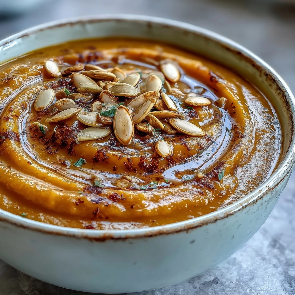 Creamy roasted butternut squash soup served hot in a rustic mug with a maple drizzle and pumpkin seeds.
