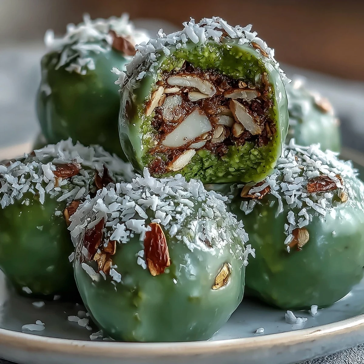 Matcha Coconut Energy Balls with Oats - vibrant green matcha and coconut oat bites, rolled in shredded coconut for a tropical energy boost.