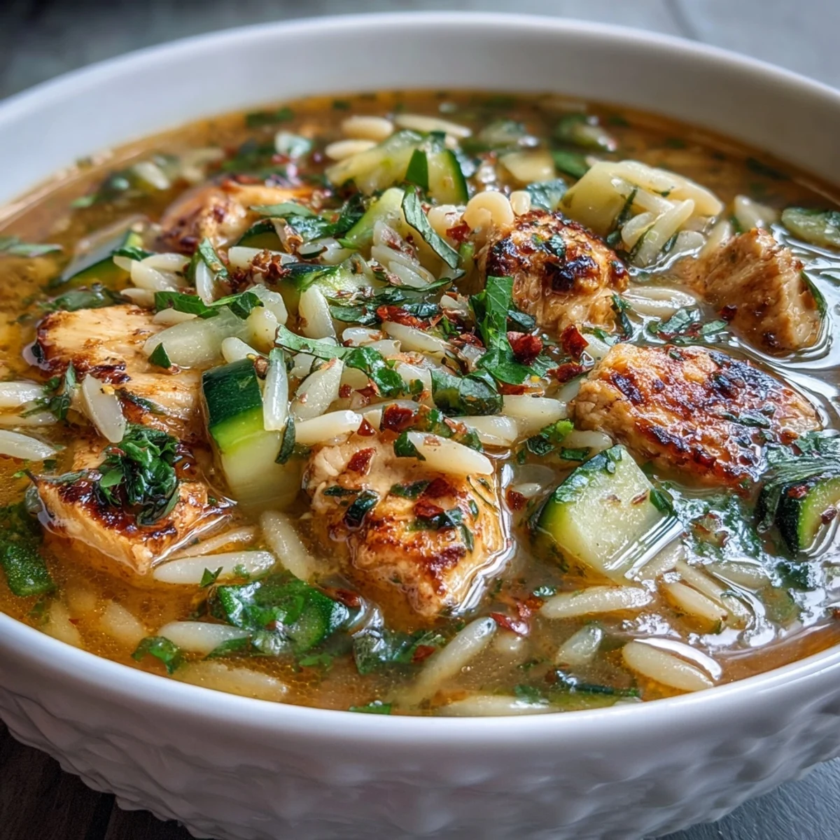 A steaming bowl of One-Pot Lemon Chicken and Zucchini Orzo Soup with tender chicken, fresh zucchini, and orzo in a bright lemon-infused broth.