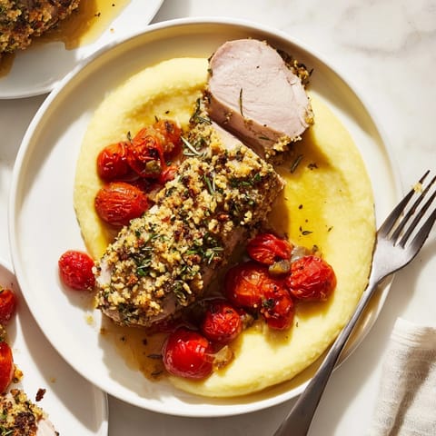 Juicy Herb-Crusted Pork Tenderloin recipe: see the crispy crust and vibrant side dish.
