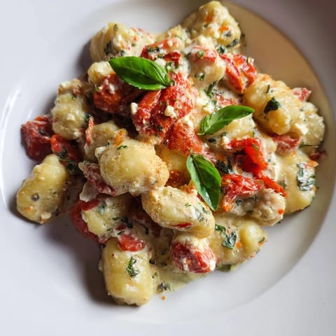 Creamy Baked Feta Gnocchi topped with blistered cherry tomatoes and fresh herbs.  