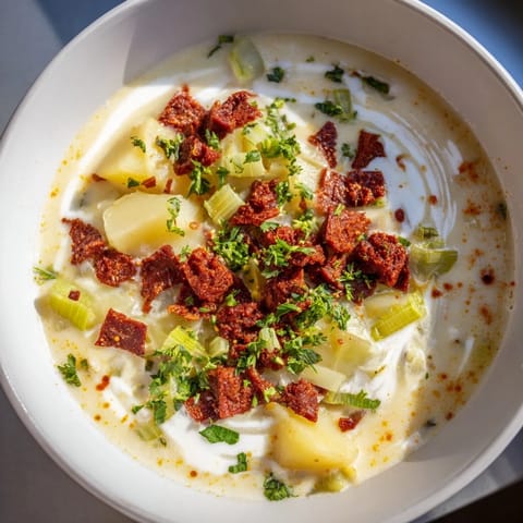Close-up of a steaming Potato, Leek & Chorizo Soup, showcasing the ingredients and flavors.