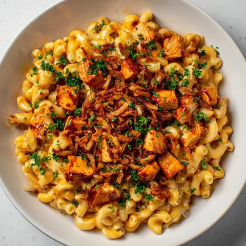 A close-up of creamy One-Pot Honey BBQ Chicken Mac and Cheese, garnished with fresh parsley.