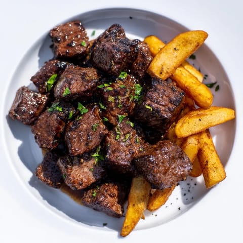 Picture sizzling Blackened Cajun Steak Bites, richly seasoned, ready to enjoy with a side of hot, flavorful fries.