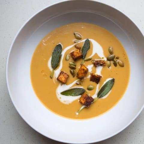 Enjoy a steaming bowl of Chickpea, Pumpkin & Sage Soup, showcasing golden roasted pumpkin and fragrant herbs.