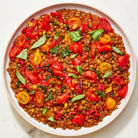 This Lentil-Tomato Skillet features a one-pan savory meal, promising tender lentils and juicy tomatoes.