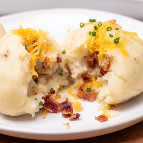 Golden-brown, pan-fried Loaded Baked Potato Soup Dumplings ready to be served, a perfect appetizer.