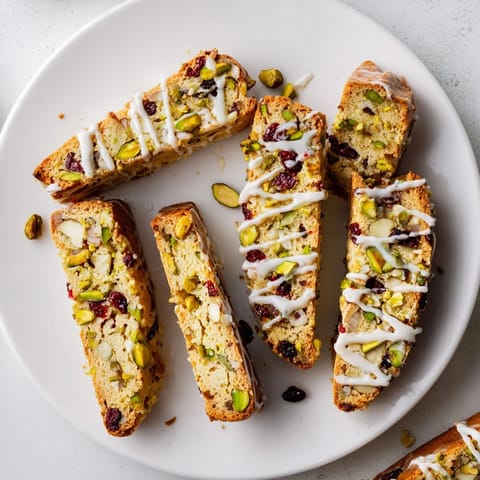 A pile of festive white chocolate cranberry pistachio biscotti, speckled with bright red cranberries and green pistachios.