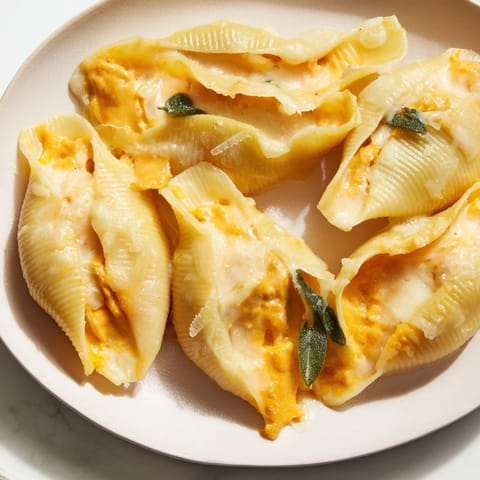 Creamy pumpkin filling spilling from jumbo shells, topped with Alfredo in these delicious Stuffed Shells.