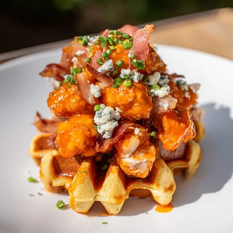 A close-up image shows Buffalo Chicken and Bacon Waffle Bites, topped with blue cheese and chives.