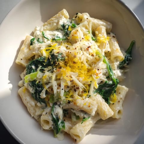 Warm, creamy Whipped Ricotta & Spinach Baked Pasta glistens with melted mozzarella, perfect for dinner.