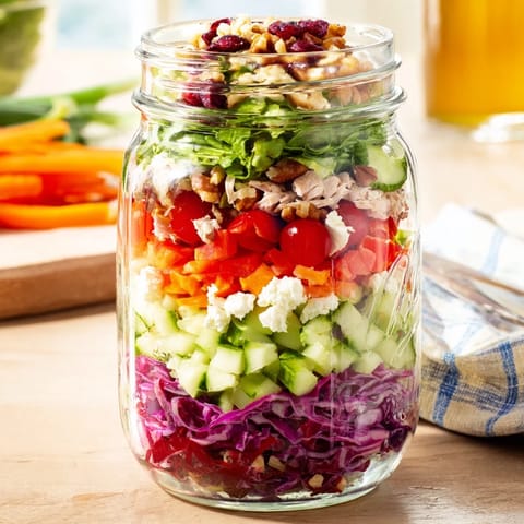 A close-up of a festive Layered Holiday Chopped Chicken Salad Jar packed with colorful ingredients, ready to eat.