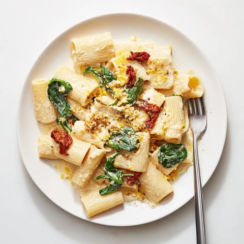 A close-up of Creamy Sun-Dried Tomato Spinach Cottage Cheese Pasta, garnished with fresh basil and Parmesan cheese.