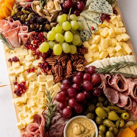 This Sleigh Ride Charcuterie features an arrangement of colorful grapes, cheeses, and meats, perfect for sharing.