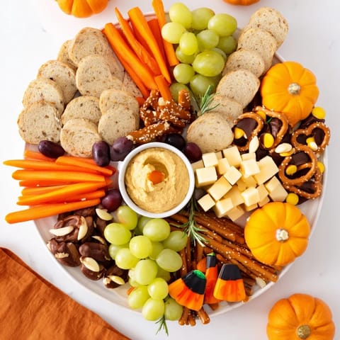 A vibrant arrangement features a tempting Pumpkin Patch Snack Board with pumpkin hummus and sweet treats.