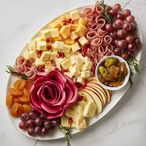 A delicious Holiday Bow Appetizer Platter: cheddar cubes, sliced prosciutto, fresh grapes, and rosemary sprigs look inviting.