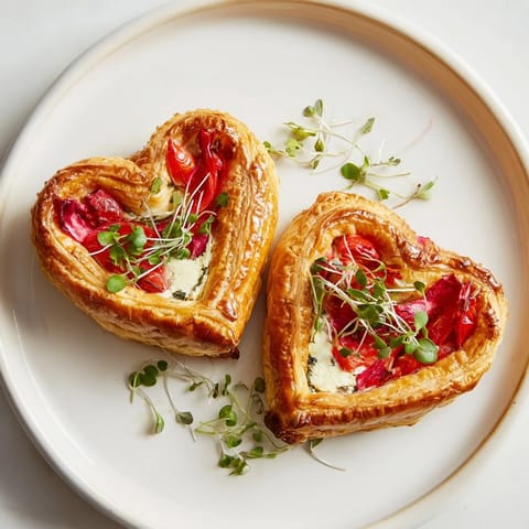 Flaky, heart-shaped Cœurs Entrelacés baked to perfection, ready to be adorned with microgreens, and a honey drizzle.