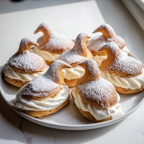 Fluffy Elegant Swan Mini Pastries, lightly dusted with powdered sugar, show a light and airy texture.