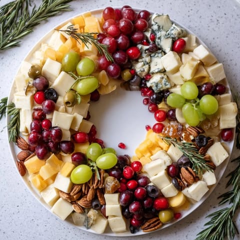 This Holiday Wreath Cheese Ring displays colorful cheeses among rosemary sprigs, perfect for holiday entertaining.