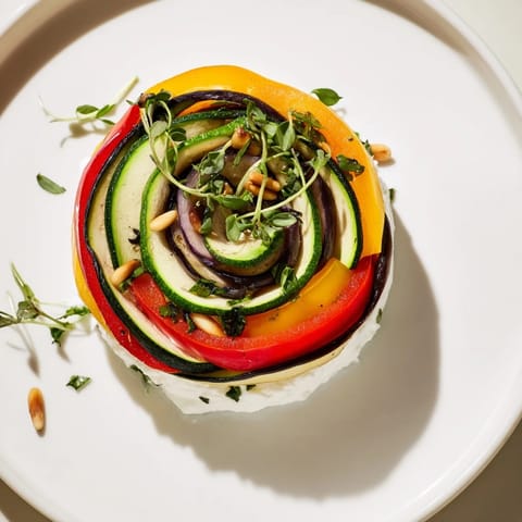 A close-up of The Snail Shell Spiral appetizer, showing colorful vegetables with creamy goat cheese.