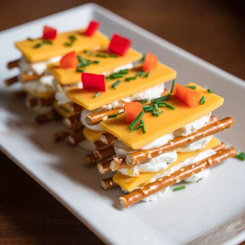 Layered sharp cheddar and mozzarella cheese construct The Rustic Log Cabin appetizer with chives garnish.