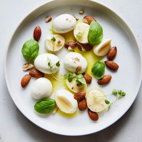 A beautiful spread of The Polished Pebble, featuring oval cheeses and roasted almonds, drizzled in olive oil.