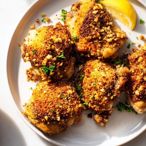 Close-up of perfectly crisp Crispy Garlic Chicken Thighs, showcasing the juicy meat and garlic crust.