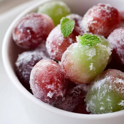 A close-up view of Frozen Grapes Spa Treat shows individual frozen grapes on a chilled tray, perfect for a refreshing vegan bite.