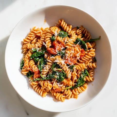 Steam rises from a pot of Tomato Spinach One-Pot Rotini, with spinach wilting into a rich tomato sauce, ready to serve.