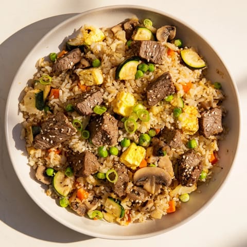 A close-up of sizzling Easy Hibachi Steak and fried rice, featuring tender steak cubes, colorful vegetables, and fluffy rice with a hint of sesame.