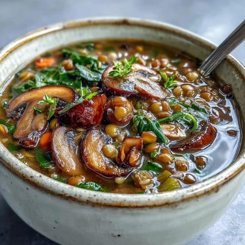 A close-up of Double Lentil and Mushroom Barley Soup in a rustic bowl, showing tender lentils and chewy barley in a rich broth with wilted greens.