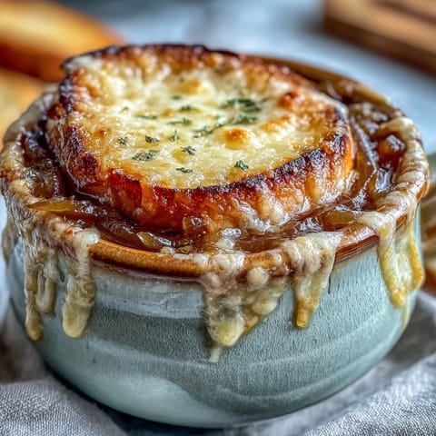 A close-up of Classic French Onion Soup in a rustic bowl with a toasted baguette slice and melted Gruyère cheese bubbling golden brown.