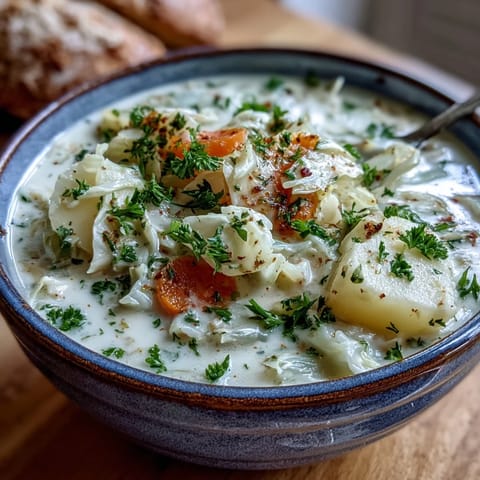 Creamy Potato Soup with Cabbage in a rustic bowl topped with fresh parsley and served alongside thick crusty bread.
