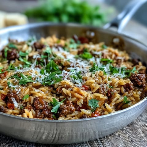 Steaming skillet of Comforting Ground Beef Orzo Dinner with bell peppers and melted Parmesan.