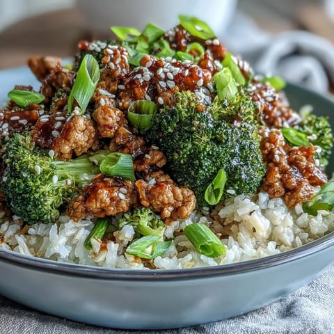 A close-up of Sweet and Spicy Turkey Broccoli Bowls highlights steamed broccoli florets and fluffy brown rice topped with saucy turkey, sesame seeds, and fresh green onions.