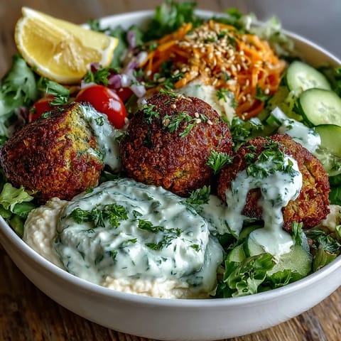 Falafel Bowl with tangy tzatziki, crisp cucumbers, and cherry tomatoes over greens, finished with toasted sesame seeds and lemon wedges for serving.