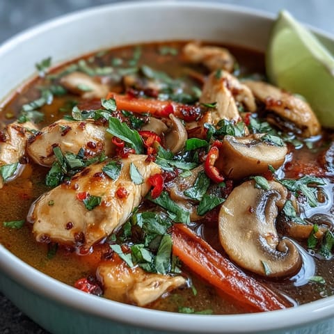 Thai Coconut Curry Soup Bowl steaming in a rustic ceramic bowl, with vibrant red bell peppers and spinach peeking through the coconut-rich broth.