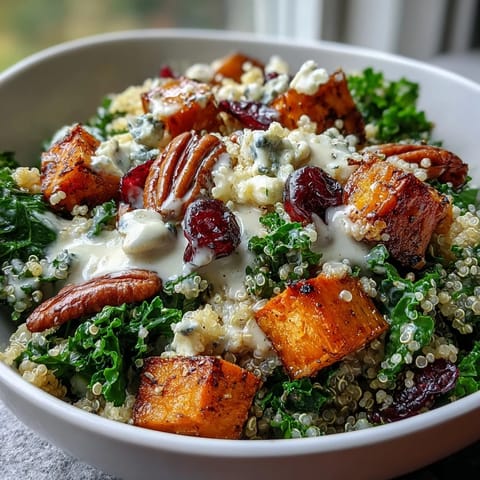 Serving of Harvest Kale Quinoa Bowl featuring fluffy quinoa, massaged kale, dried cranberries, and a drizzle of lemon tahini dressing.  