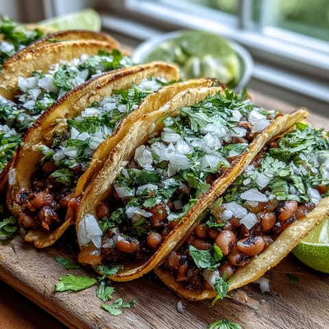 Warm corn tortillas holding smoky Black-Eyed Pea Tacos, garnished with salsa and jalapeños for a spicy kick.