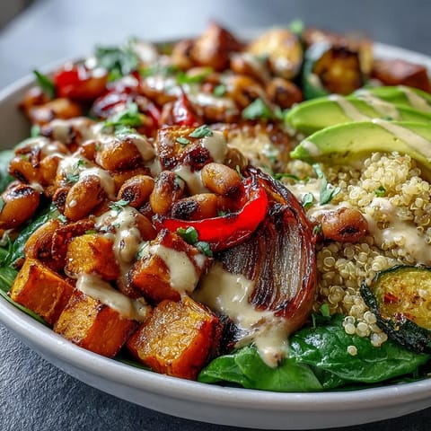 Roasted sweet potatoes and red bell peppers add color and warmth to this nourishing vegan Black-Eyed Pea Buddha Bowl.