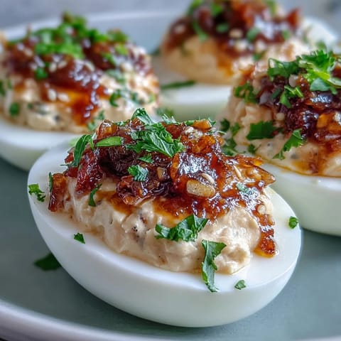 A close view of the creamy yolk filling inside halved eggs, topped with crunchy chili garlic crisp and drizzled with soy sauce.
