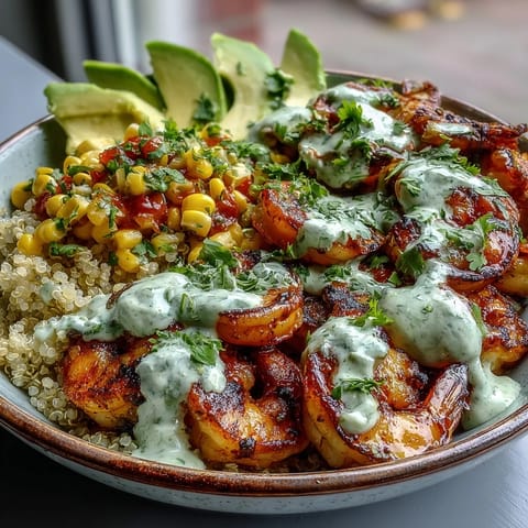 Smoky grilled shrimp and creamy avocado in a bowl with zesty corn salsa and drizzled garlic sauce.