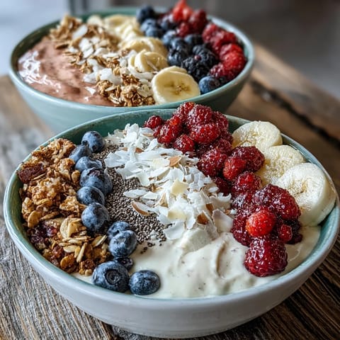 Freshly blended Berry Greek Yogurt Smoothie Bowl with chia seeds, topped with granola and sliced almonds served in a white bowl.