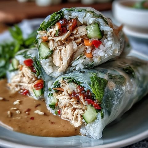 Freshly rolled Light Chicken and Veggie Spring Rolls with Peanut Sauce display vibrant carrots, cucumber, and shredded chicken.