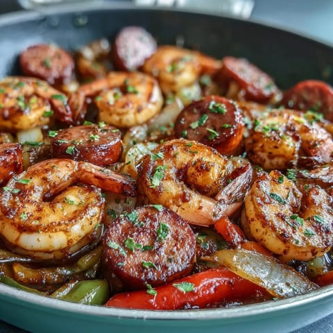 Keto Cajun Shrimp and Sausage Skillet with juicy shrimp, browned sausage, and vibrant peppers in a sizzling pan.