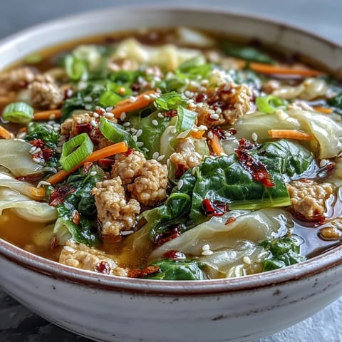 Steaming bowl of Egg Roll Soup with Chicken & Cabbage, topped with green onions and chili crisp oil.