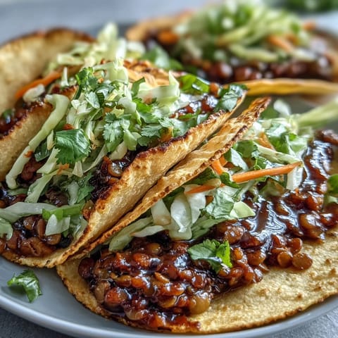 Vegan BBQ Lentil Tacos with Cabbage Slaw stacked high with smoky lentils and colorful shredded veggies on a plate.
